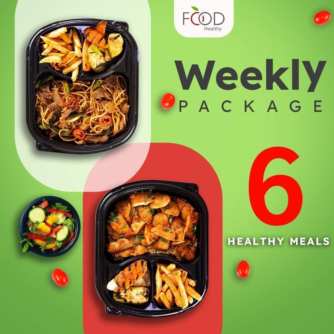 Promotional graphic for a weekly food package with three meal containers on a green background.
